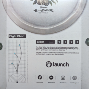 First Run Elder from Launch Disc Golf, back of the window box packaging it comes in.