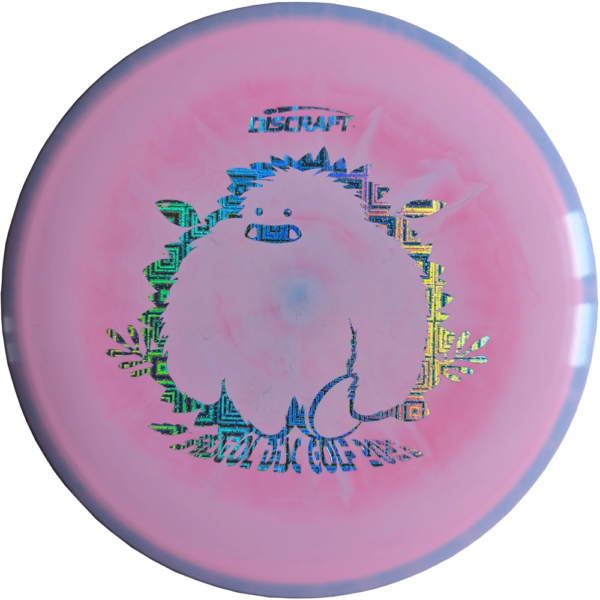Buzzz in ESP Plastic from Discraft. Custom Yeti/Bristol Disc Golf Stamp. Colour is Blue and Pink Swirl with a Silver Tesseract Stamp