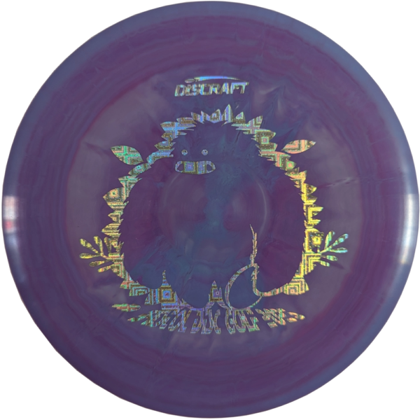 Buzzz in ESP Plastic from Discraft. Custom Yeti/Bristol Disc Golf Stamp. Colour is Blue and Purple Swirl with a Silver Tesseract Stamp