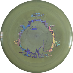 Buzzz in ESP Plastic from Discraft. Custom Yeti/Bristol Disc Golf Stamp. Colour is Green Swirl with a Silver Tesseract Stamp
