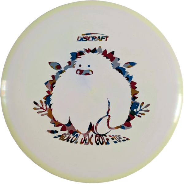 Buzzz in ESP Plastic from Discraft. Custom Yeti/Bristol Disc Golf Stamp. Colour is Light Yellow and White Swirl with a Poka-Dot Stamp