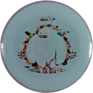 Buzzz in ESP Plastic from Discraft. Custom Yeti/Bristol Disc Golf Stamp. Colour is Purple and Light Blue swirl with a Poka-dot stamp
