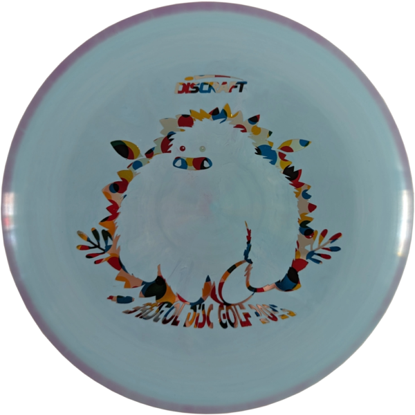 Buzzz in ESP Plastic from Discraft. Custom Yeti/Bristol Disc Golf Stamp. Colour is Purple and Light Blue swirl with a Poka-dot stamp