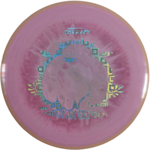 Buzzz in ESP Plastic from Discraft. Custom Yeti/Bristol Disc Golf Stamp. Colour is Taupe and Pink Swirl with a Silver Tesseract Stamp