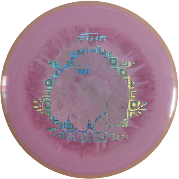 Buzzz in ESP Plastic from Discraft. Custom Yeti/Bristol Disc Golf Stamp. Colour is Taupe and Pink Swirl with a Silver Tesseract Stamp