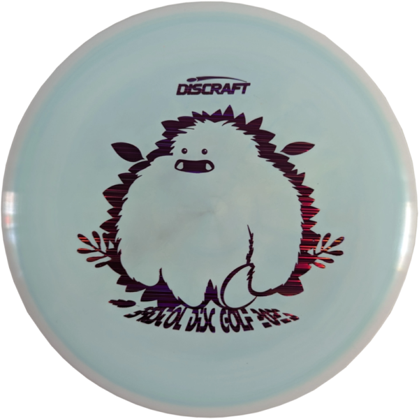 Buzzz in ESP Plastic from Discraft. Custom Yeti/Bristol Disc Golf Stamp. Colour is White and Light Blue Swirl with a Magenta Line Stamp