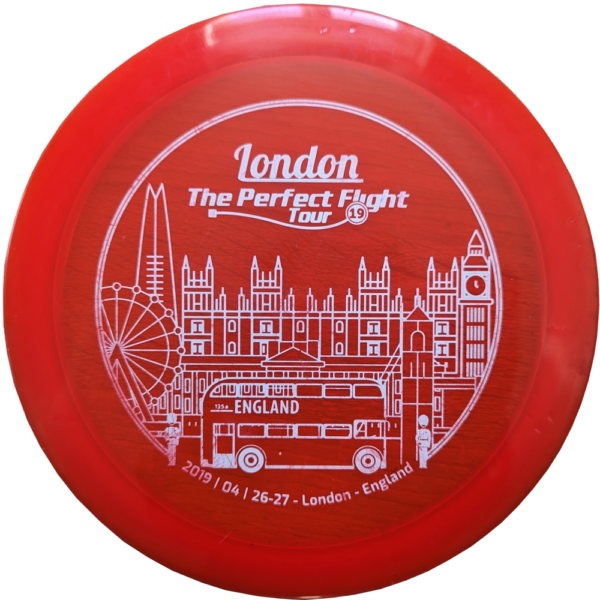 Used 8/10 Pioneer in Opto plastic from Latitude 64. Disc is red with a white, custom, london-themed stamp.