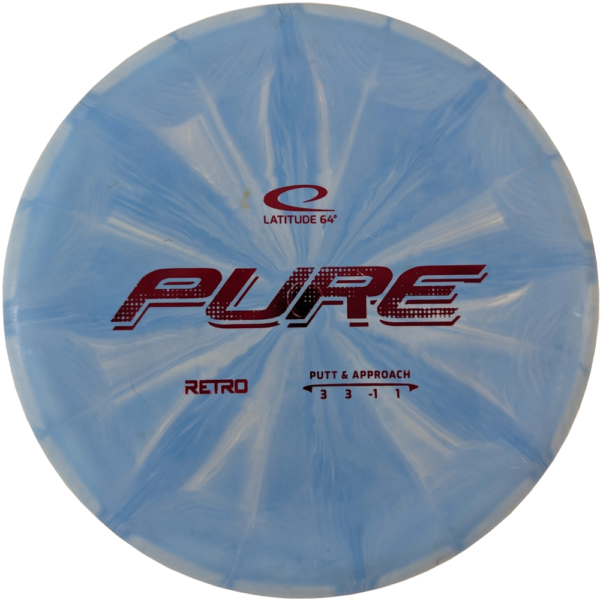 Used Pure in Retro burst plastic from Latitude 64. Colour is blue with a white burst and a red stamp.
