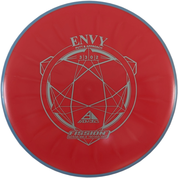 Envy in Fission plastic from Axiom Discs. Colour is red with a silver stamp and a blue rim.