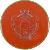 Envy in Fission plastic from Axiom Discs. Colour is orange with a silver stamp and a green rim.