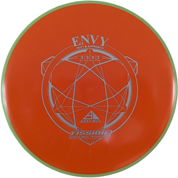Envy in Fission plastic from Axiom Discs. Colour is orange with a silver stamp and a green rim.