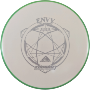 Envy in Fission plastic from Axiom Discs. Colour is White with a silver stamp and a green rim.