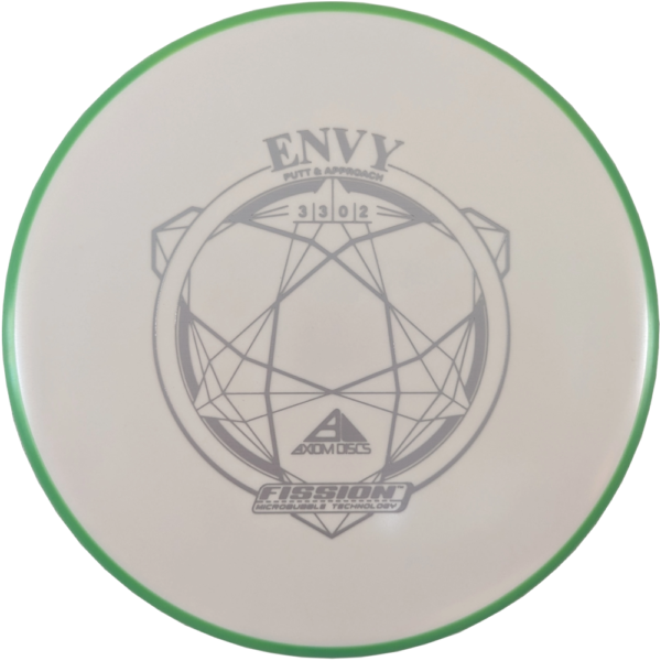Envy in Fission plastic from Axiom Discs. Colour is White with a silver stamp and a green rim.