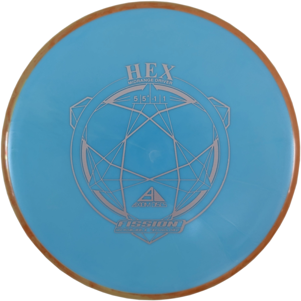 Hex in Fission plastic from Axiom Discs. Colour is Light Blue with an Orange Swirl Rim.