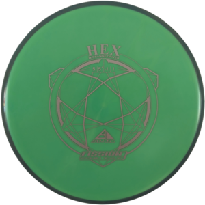 Hex in Fission plastic from Axiom Discs. Colour is Green with a Grey Swirl Rim and silver stamp.
