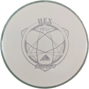 Hex in Fission plastic from Axiom Discs. Colour is White with a Grey Swirl Rim and silver stamp.