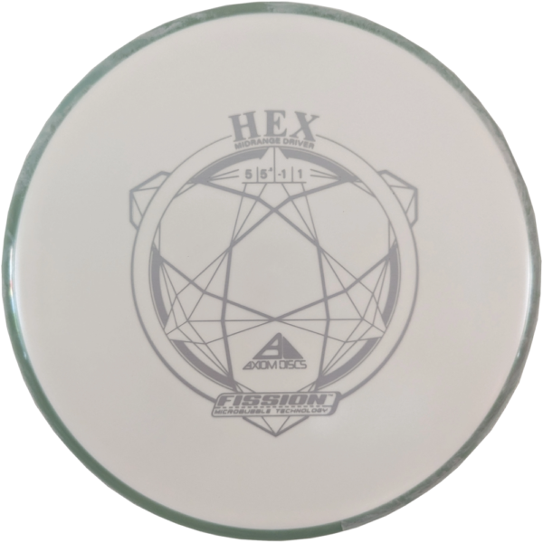 Hex in Fission plastic from Axiom Discs. Colour is White with a Grey Swirl Rim and silver stamp.
