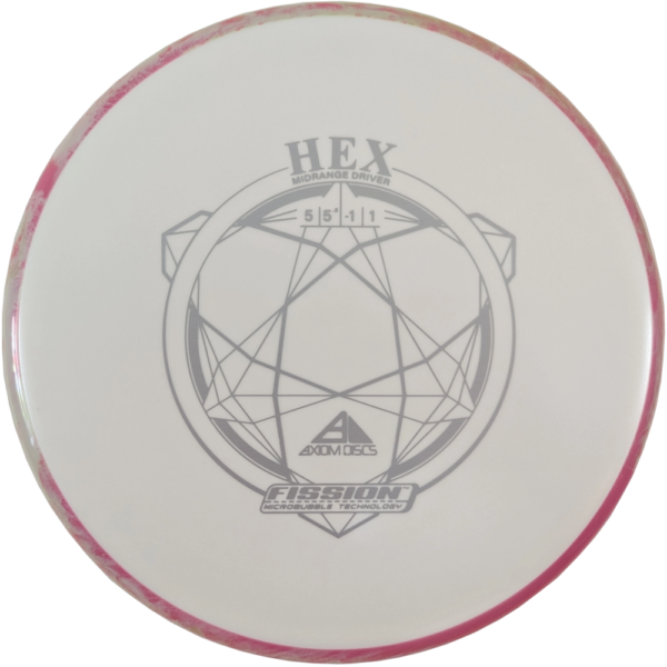 Hex in Fission plastic from Axiom Discs. Colour is White with a Pink Swirl Rim and silver stamp.
