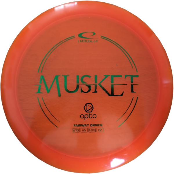 Opto musket from latitude 64. Orange with green stamp.