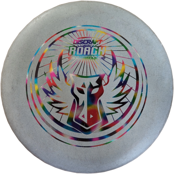 Roach Bro-D Rubber-blend from Discraft Light Grey with Rainbow stamp.