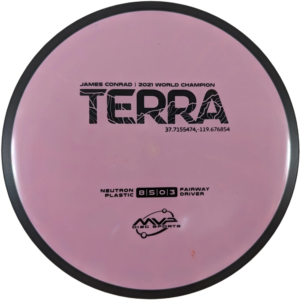Terra in Neutron plastic from MVP Disc Sports. Colour is Lilac with a black stamp and rim.