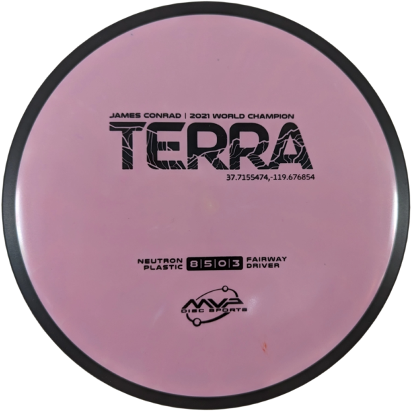 Terra in Neutron plastic from MVP Disc Sports. Colour is Lilac with a black stamp and rim.