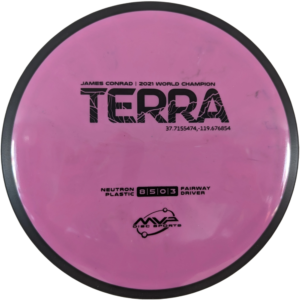 Terra in Neutron plastic from MVP Disc Sports. Colour is Purple with a black stamp and rim.