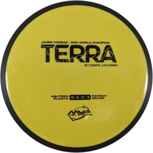 Terra in Neutron plastic from MVP Disc Sports. Colour is Yellow with a black stamp and rim