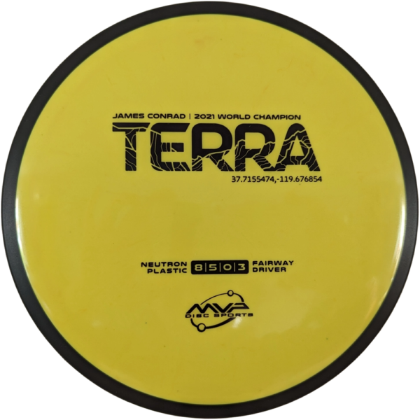 Terra in Neutron plastic from MVP Disc Sports. Colour is Yellow with a black stamp and rim