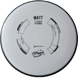 Watt in Neutron plastic from MVP Disc Sports. Colour is white with a black stamp and a black rim.