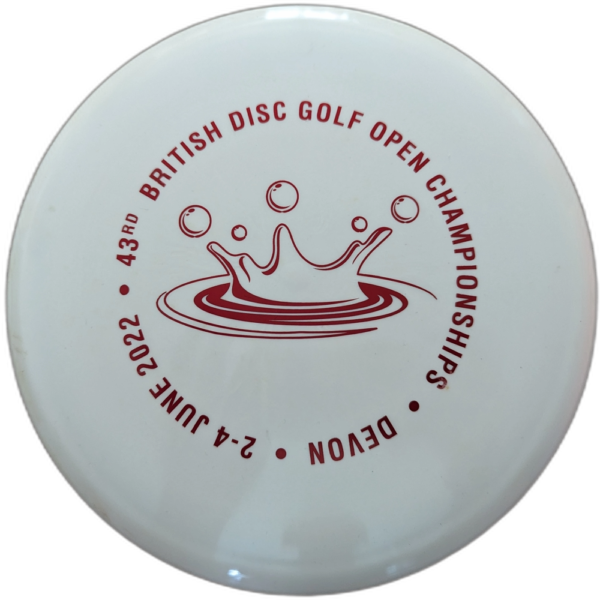 Gold Fuse from Latitiude 64. Custom 43rd British Disc Golf Open stamp, white with red stamp.