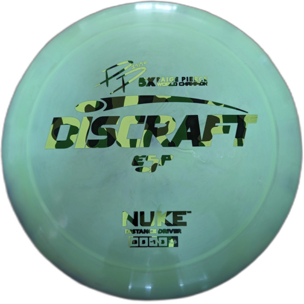 ESP Nuke from Discraft. Paige Pierce 5x World Champ Signature Series. Colour is Green with a Camo stamp.