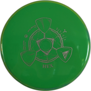 Neutron Hex from Axiom Discs. Colour is Green with a Light Green Rim and Grey Stamp.