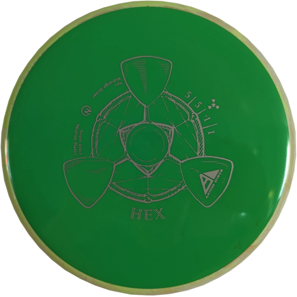 Neutron Hex from Axiom Discs. Colour is Green with a Yellow and Pink Rim and Grey Stamp.