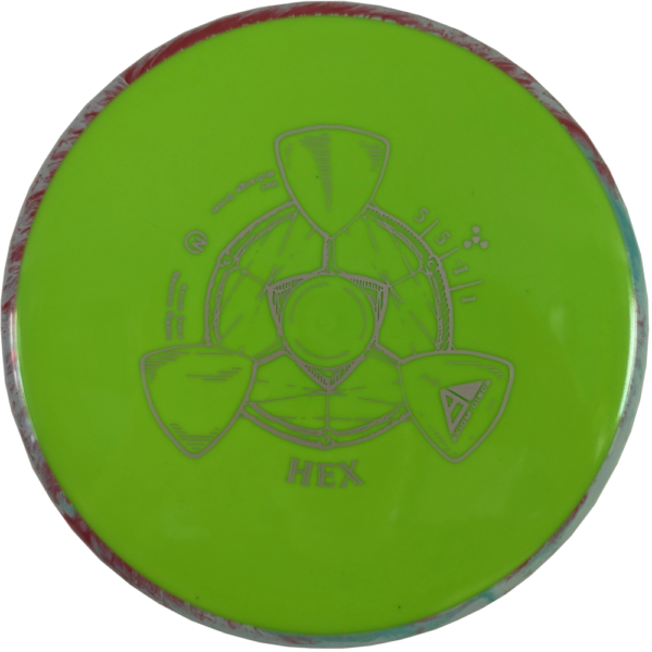 Neutron Hex from Axiom Discs. Colour is Neon Green with a Blue and Red Swirly Rim and Grey Stamp.