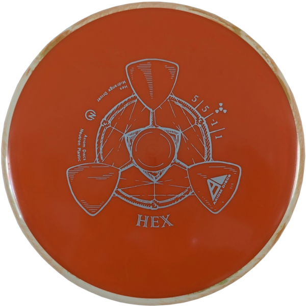 Neutron Hex from Axiom Discs. Colour is Orange with a Orange and White Swirly Rim and Grey Stamp.