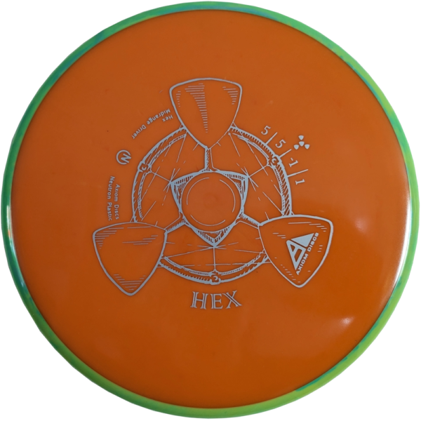 Neutron Hex from Axiom Discs. Colour is Orange with a Green Rim and Grey Stamp.
