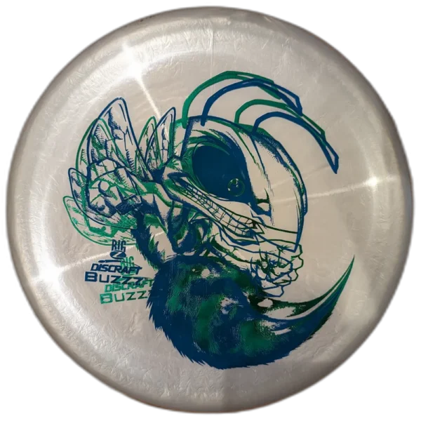 Big Z Buzzz from Discraft. Double stamped, Pearly white/silver with a blue/green stamp.