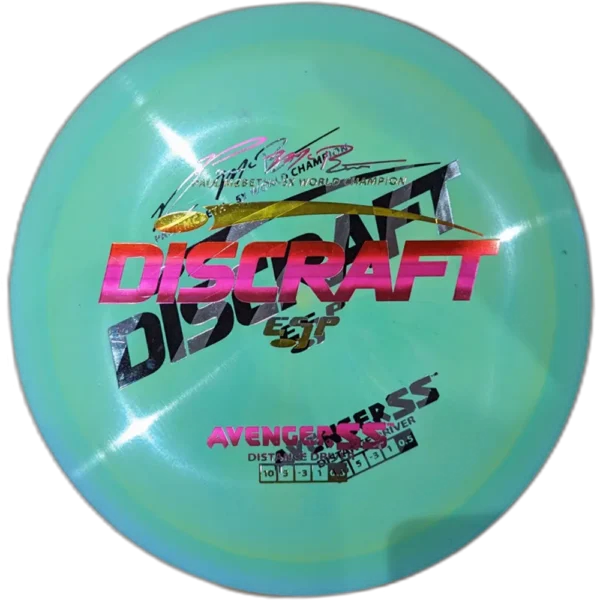 ESP Avenger SS from Discraft. Double stamp. Teal disc with pink top stamp.