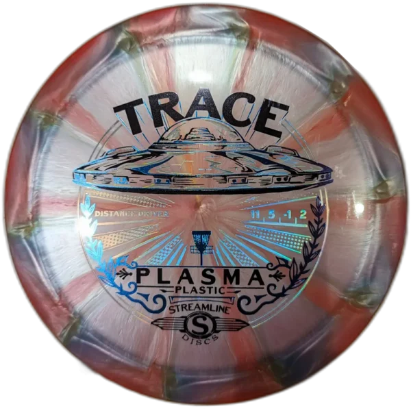 Trace from Streamline Discs in Plasma plastic. Colour is Red and Grey/Silver swirl with a black and light blue stamp.