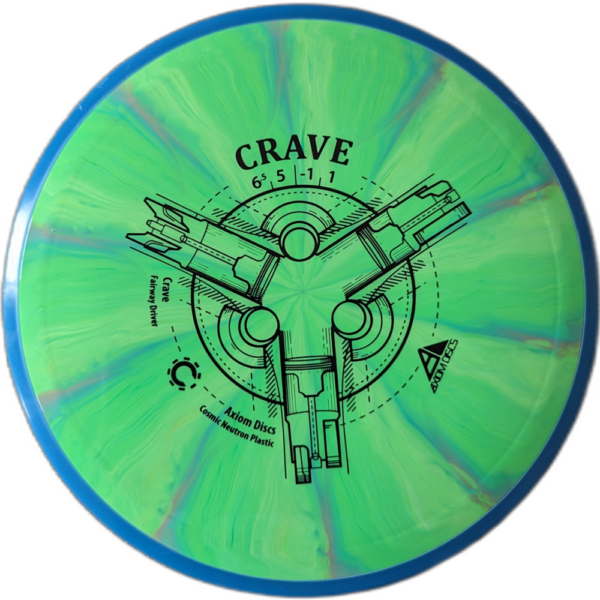 cosmic neutron Crave from Axiom discs. Colour is blue and green burst with a blue rim and a black stamp.