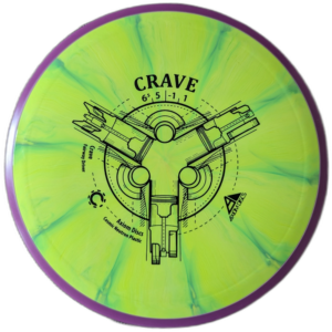 cosmic neutron Crave from Axiom discs. Colour is yellow and green burst with a purple rim and a black stamp.