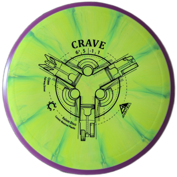 cosmic neutron Crave from Axiom discs. Colour is yellow and green burst with a purple rim and a black stamp.