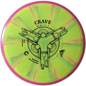 cosmic neutron Crave from Axiom discs. Colour is yellow and pink burst with a pink rim and a black stamp.