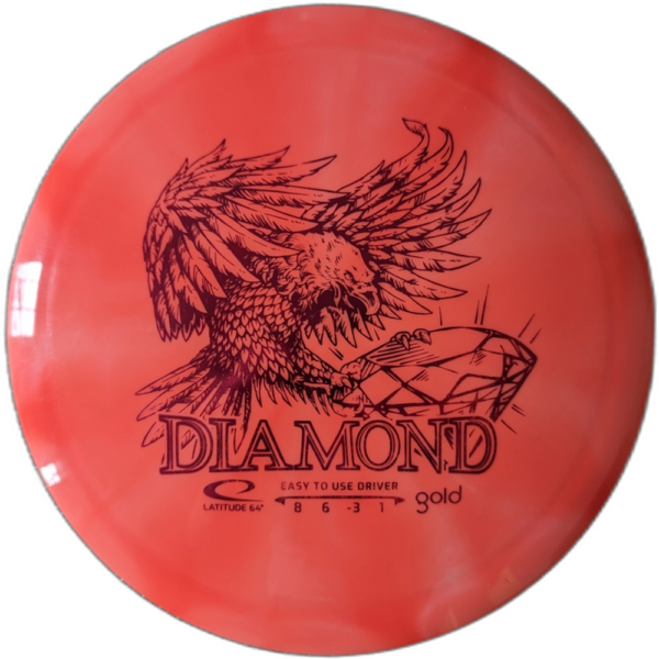 Diamond in Gold line plastic from Latitude 64. Colour is Red/pink with a black stamp.