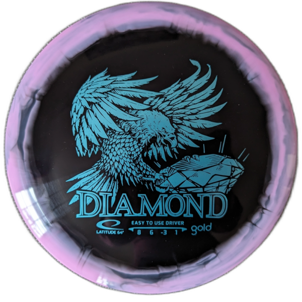 Gold Orbit Diamond with Inverted stamp from Latitude 64. Colour is Black with Teal stamp and pink rim.