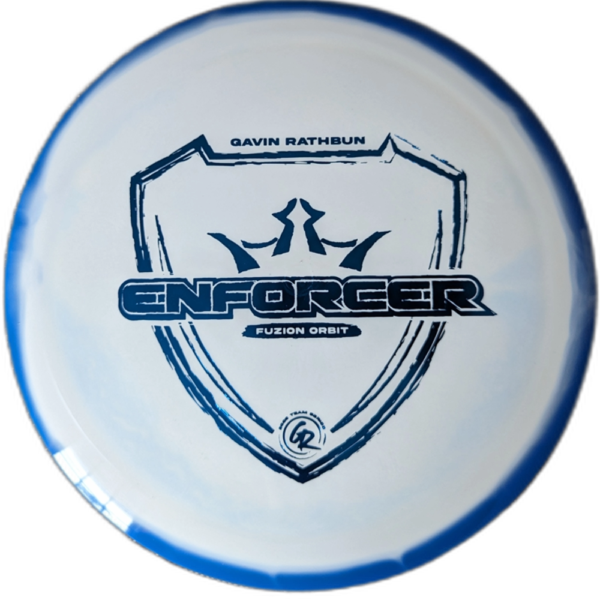 Fuzion Orbit Enforcer from Dynamic Discs. Colour is White and Blue.