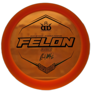 Lucid Glimmer Felon with the Sockibomb stamp from Dynamic Discs. Colour is Orange.