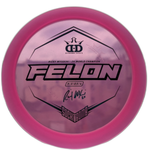 Lucid Glimmer Felon with the Sockibomb stamp from Dynamic Discs. Colour is Pink.