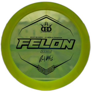 Lucid Glimmer Felon with the Sockibomb stamp from Dynamic Discs. Colour is Yellow.